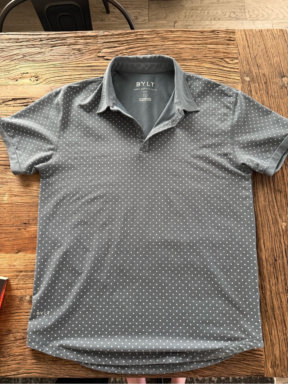 BYLT Gray Blue Polo with White Micro Dots Large